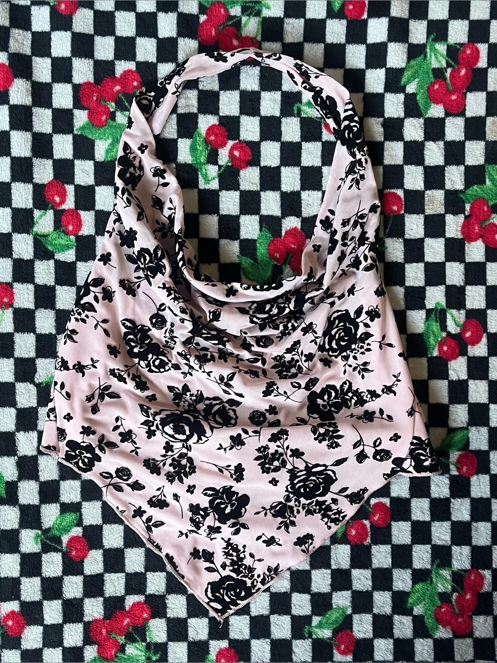 Black velour floral print soft pink halter neck crop top